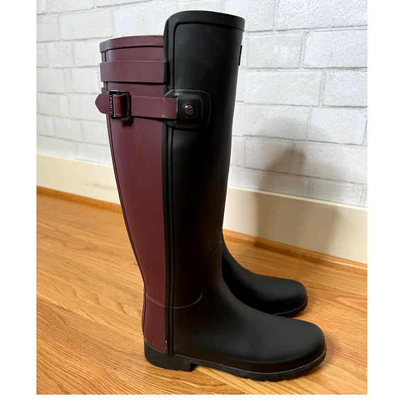 Hunter Original 6 Refined Back Strap Contrast Tall Wellington Rain Boots Black - Picture 2 of 9